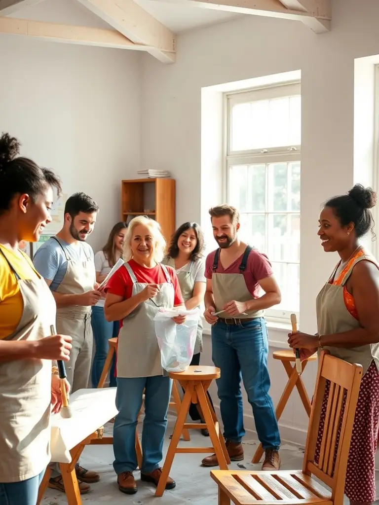 Volunteers working together to renovate a community center, painting walls and repairing furniture, showcasing teamwork and community spirit.
