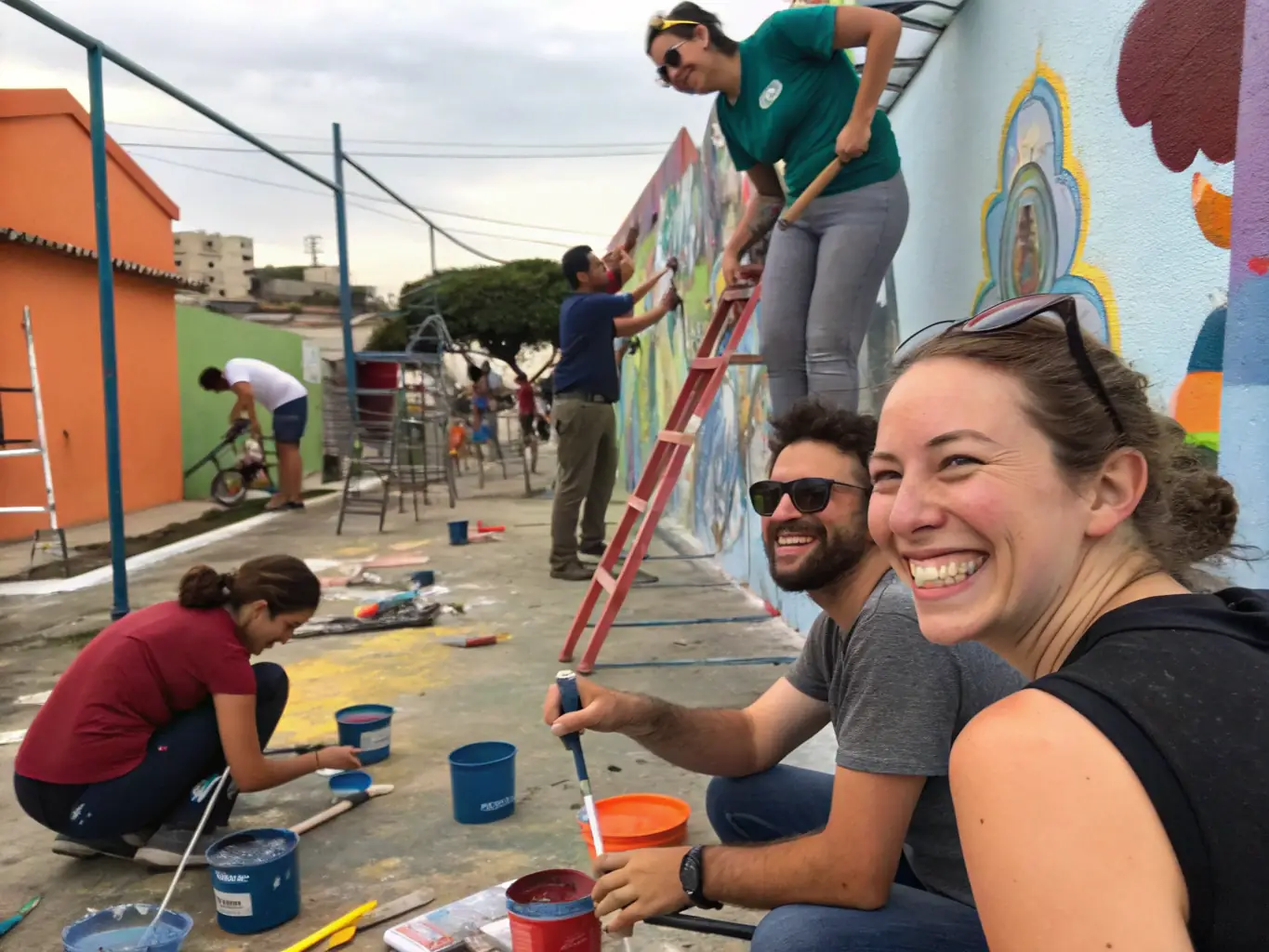 A group of diverse volunteers renovating a local community center, painting walls and repairing furniture, showcasing community empowerment and collaboration.