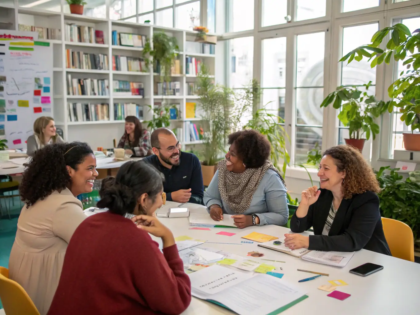 A diverse group of participants engaged in a lively intercultural dialogue session, representing SJ SOLIDARITES JEUNESSES's dedication to fostering understanding and cooperation across cultures.