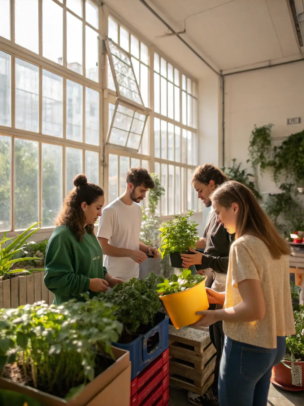 A group of young adults from diverse backgrounds participating in a workshop on sustainable living, focusing on hands-on activities like building a vertical garden.