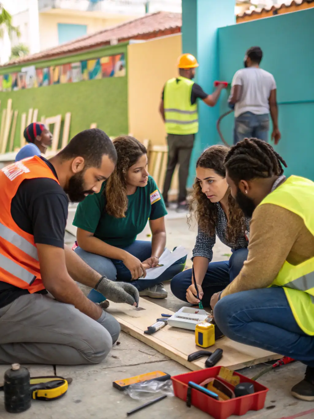 Volunteers renovating a community center, demonstrating SJ SOLIDARITES JEUNESSES' dedication to improving local infrastructure and providing safe spaces for community activities.