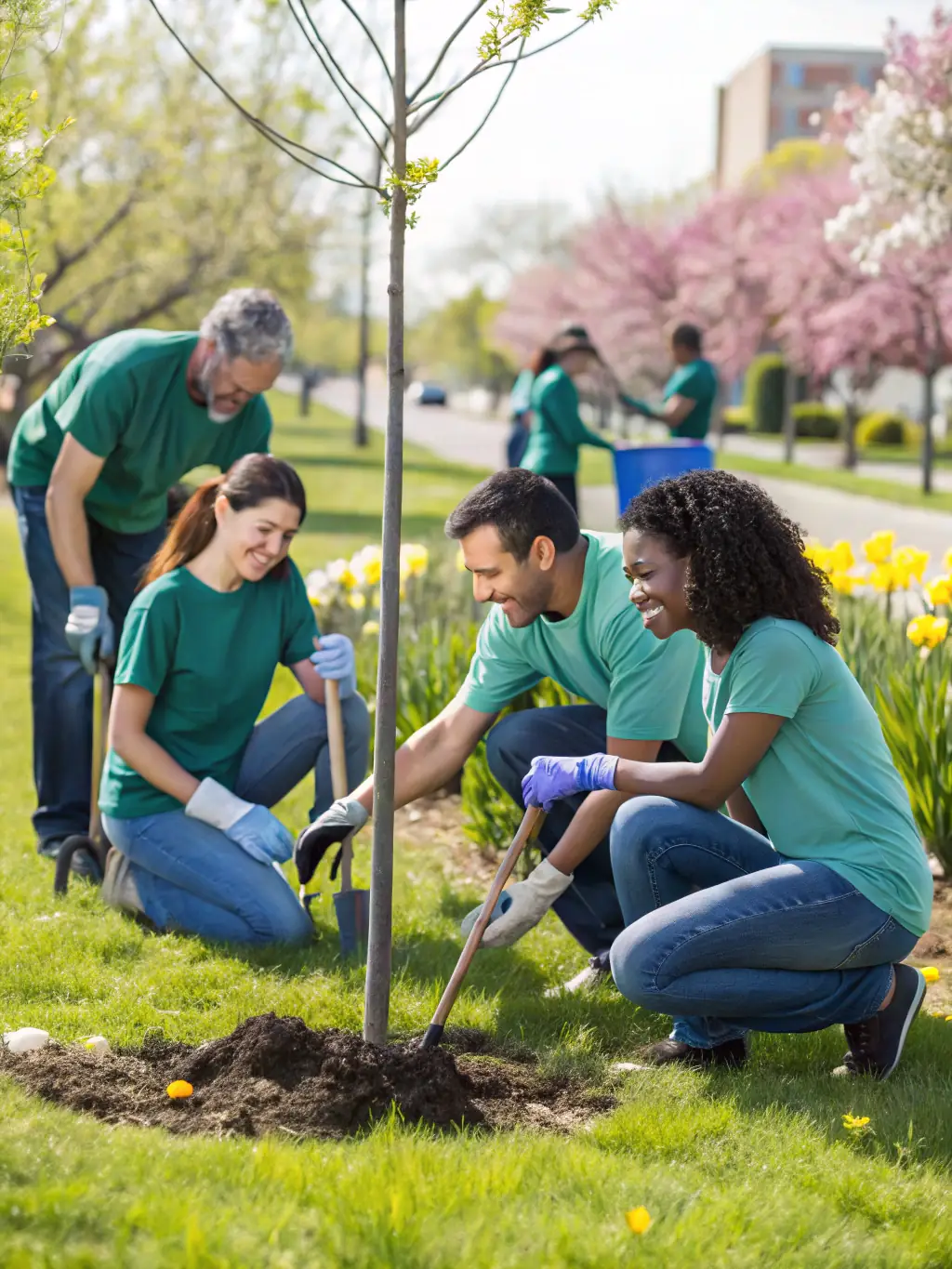 A group of young volunteers planting trees in a community garden, showcasing SJ SOLIDARITES JEUNESSES' commitment to environmental sustainability and youth involvement.