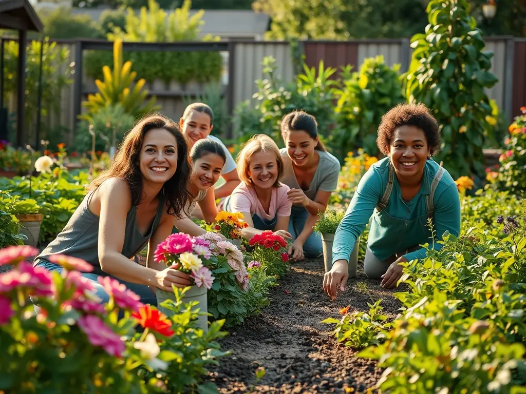 A vibrant photo of young adults participating in a community garden project, planting vegetables and flowers, symbolizing sustainable development and community engagement.
