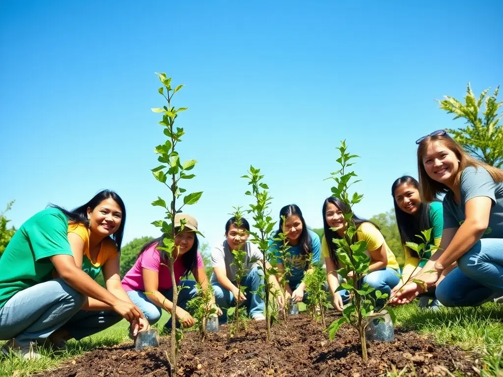 A group of young volunteers planting trees in a community garden, symbolizing SJ SOLIDARITES JEUNESSES's commitment to environmental sustainability and community engagement.
