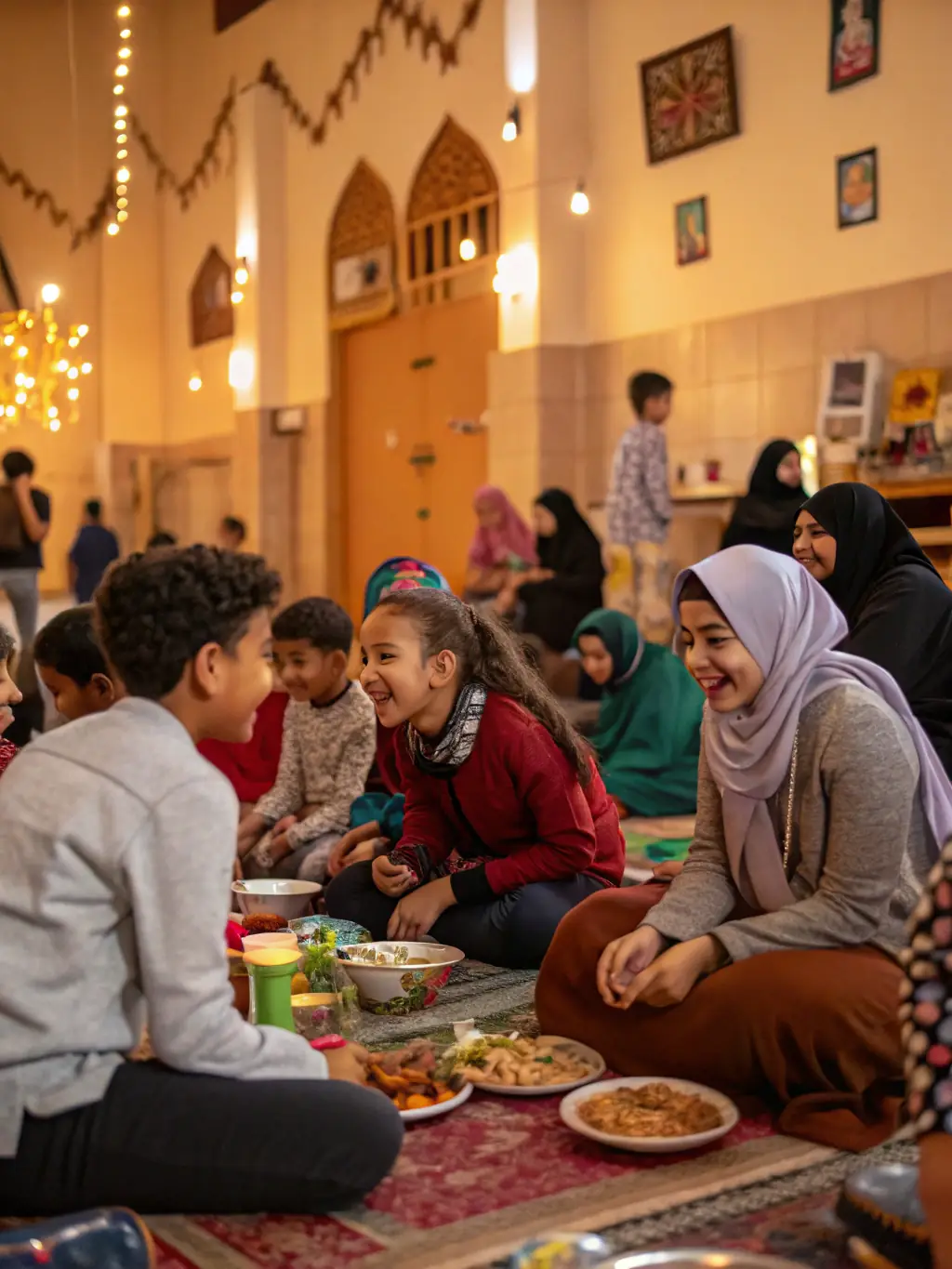 A vibrant scene from an intercultural exchange program, showing participants sharing traditional food and music in a community center.