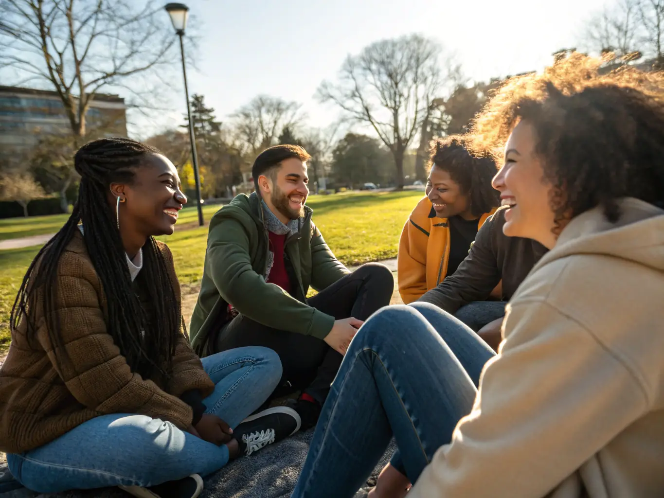 A photograph of young people from different cultural backgrounds engaged in a lively intercultural dialogue session, sharing stories and experiences, promoting understanding and respect.